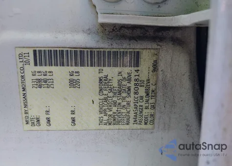 2012 Nissan Maxima 3.5 S z USA, uszkodzony, nr VIN 1N4AA5AP1CC808814